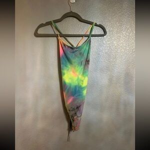 Women’s purple blue green pink tie-dye soft stretch open back tie bodysuit small